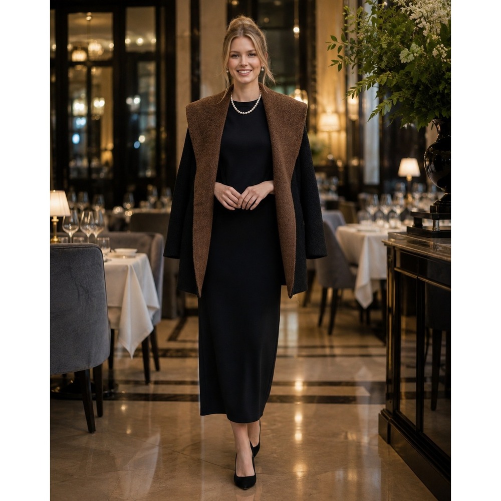 Cinzia Rocca Baby Llama Wool Coat Size 8 Black Brown Open Front